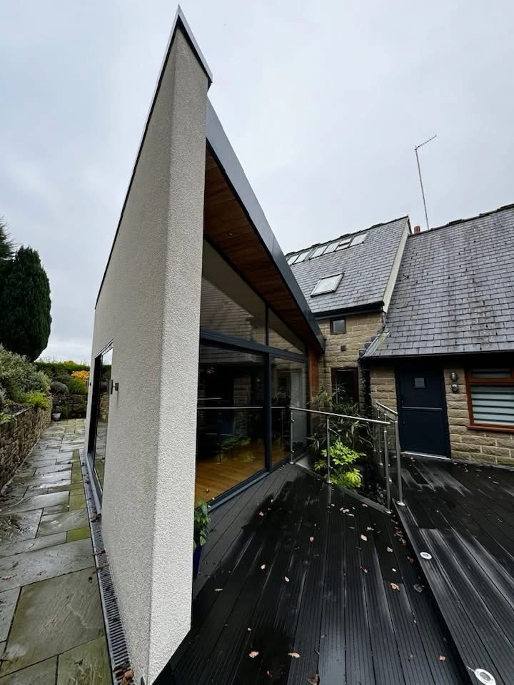 The completed rendered extension and deck, side profile
